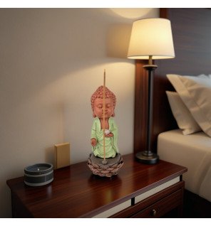  statue bouddha porte-encens installée près de plantes vertes pour une décoration naturelle et apaisante