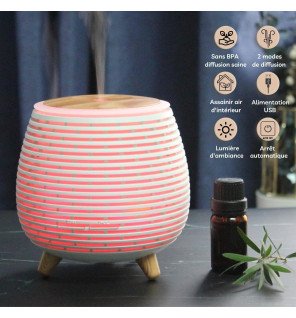  diffuseur usb lola entouré de flacons d'huiles essentielles et de plantes vertes
