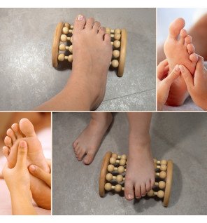 détail des rouleaux en bois du masseur de pied pour détente à la maison