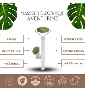 masseur facial électrique en aventurine utilisé sur le visage d’une femme détendue pour un soin quotidien