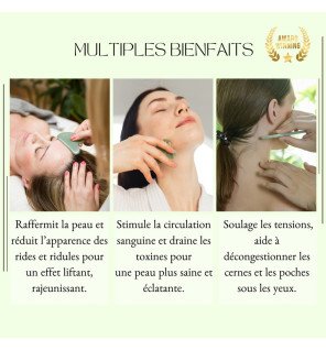 accessoire de massage facial en jade vert à côté d’une crème hydratante