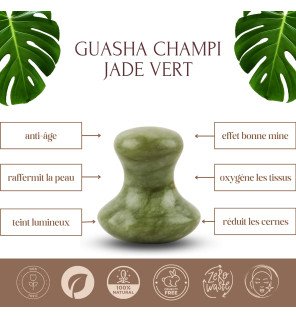 détail du masseur visage jade vert reflétant la lumière naturelle
