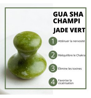 outil de massage champignon jade vert placé sur un plateau de spa