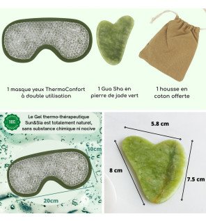 ensemble guasha et masque yeux sur plateau en bois pour ambiance spa