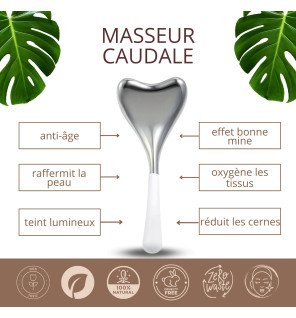 accessoire de massage facial en métal reflétant la lumière naturelle sur une table en bois