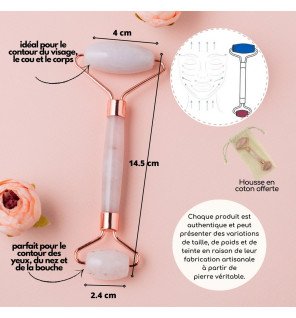 masseur en quartz rose posé sur une table en bois avec lumière naturelle du matin