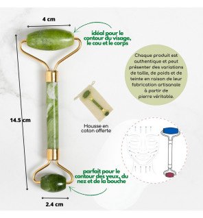 masseur roller en jade vert posé sur un fond clair mettant en valeur sa couleur naturelle