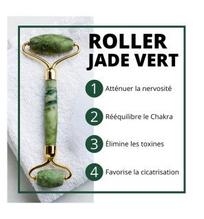 roller en pierre de jade vert utilisé sur le front pour une routine de soin du visage