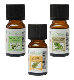 huiles essentielles hiver disposées devant le diffuseur sur une étagère minimaliste