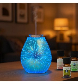 diffuseur en verre illuminé créant une ambiance apaisante dans un salon moderne