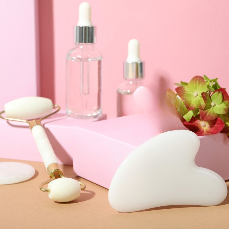Duo Gua Sha cristal de roche + Rouleau jade blanc