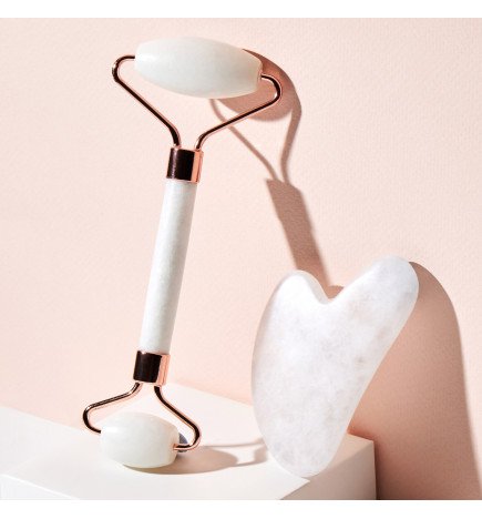 Duo Gua Sha cristal de roche + Rouleau jade blanc