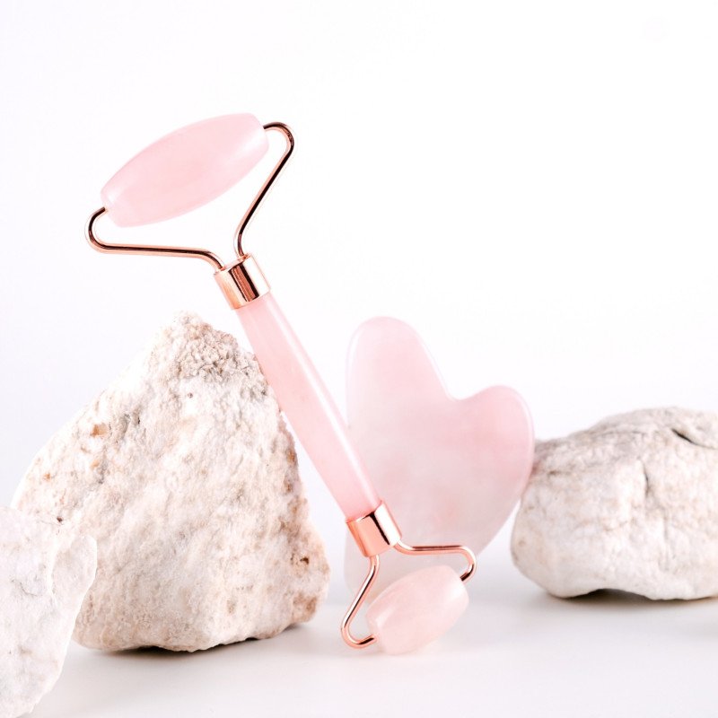 Duo Gua Sha quartz rose + Roller masseur quartz rose