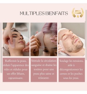roller et gua sha disposés côte à côte sur une coiffeuse avec des produits de soin