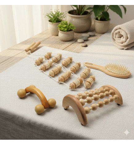 Essentiel Massage - Coffret 4 accessoires de massage en bois naturel