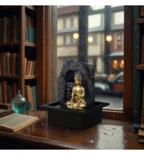  vue rapprochée du bassin d'eau et des galets décoratifs autour de la fontaine