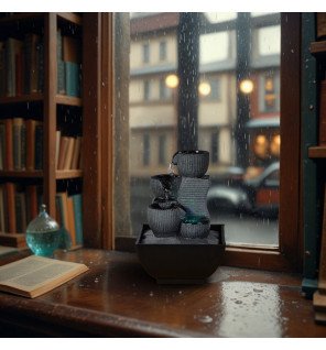  détail du flux d'eau apaisant s'écoulant sur les galets de la fontaine kini