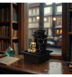  fontaine bouddha shira en fonctionnement avec éclairage led doux créant une atmosphère apaisante