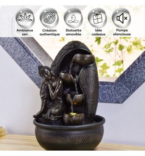  fontaine d'intérieur en résine effet pierre avec motifs bouddha et cascade d'eau