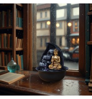  détail du visage serein du bouddha sur la fontaine d'intérieur