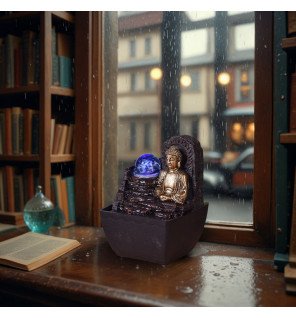  fontaine bouddha en résine grise avec cascade d'eau apaisante