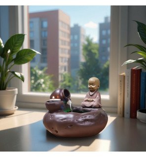  fontaine zen installée près d'une plante verte pour une atmosphère naturelle et paisible