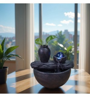  ambiance zen dans un salon moderne avec la fontaine d'intérieur allumée