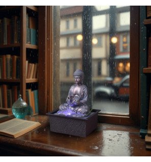  détail du visage serein du bouddha sur la fontaine créant une ambiance zen