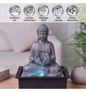  fontaine bouddha sutra avec éclairage led bleu diffusant une lumière apaisante