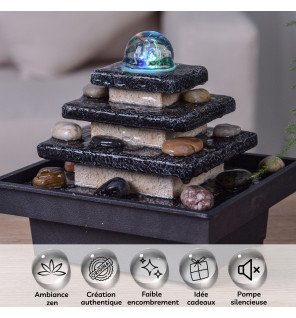  mise en scène de la fontaine zen à côté de plantes vertes pour accentuer l'effet naturel