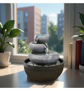  ambiance relaxante dans un salon grâce à la fontaine zen et son éclairage led