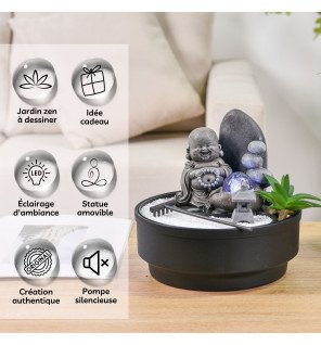 mise en scène de la fontaine dans un espace de méditation avec coussins et plantes vertes