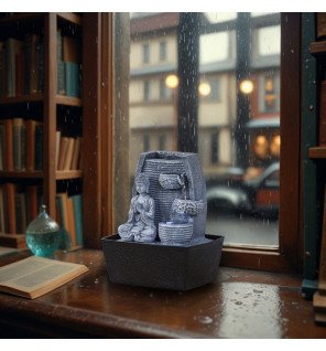  détail du visage serein du bouddha sur la fontaine pour une ambiance zen