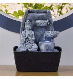  fontaine d'intérieur en résine grise avec motifs inspirés de la méditation