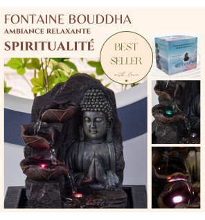  détail du visage du bouddha en résine beige sous une lumière apaisante