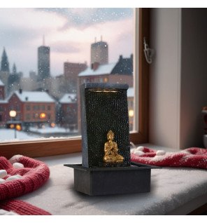  vue rapprochée sur le visage serein du bouddha de la fontaine zenitude