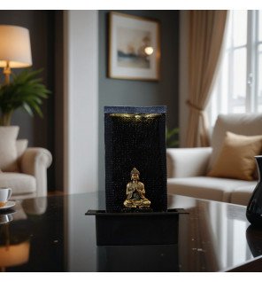  fontaine d'intérieur zen avec effet pierre et lumière tamisée pour relaxation