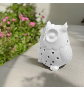  brûle-parfum hibou céramique dans un intérieur moderne avec des accessoires en bois
