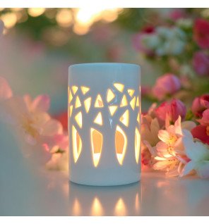  brûle-parfum céramique forêt blanc avec bougie chauffe-plat allumée