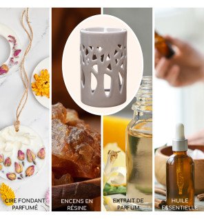  mise en scène du brûle-parfum avec des huiles essentielles et des galets