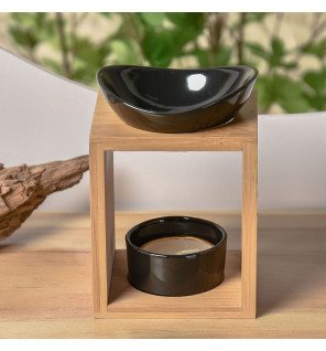  mise en scène du diffuseur sur une étagère en bois avec des plantes vertes