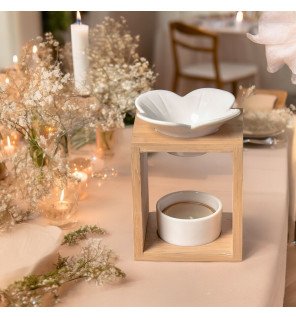  brûle-parfum plumeria placé sur une étagère aux côtés de livres et bougies