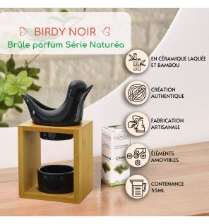  brûle-parfum birdy noir placé sur une étagère en bois dans un intérieur moderne