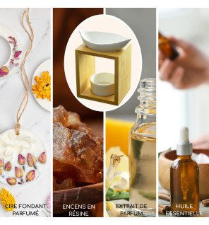  mise en scène du brûle-parfum avec des huiles essentielles à côté