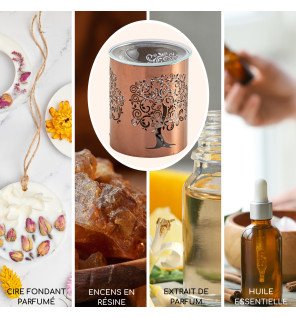  mise en scène du diffuseur avec des huiles essentielles et des bougies autour