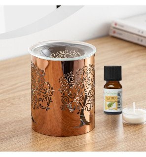  brûle-parfum en métal noir et verre transparent sur une étagère en bois