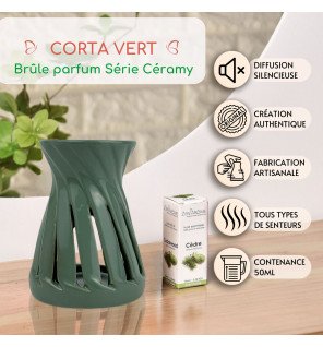  brûle-parfum corta vert diffusant une douce lumière dans une pièce cosy