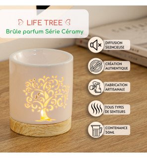  brûle-parfum céramy placé dans un salon lumineux avec quelques plantes vertes en arrière-plan