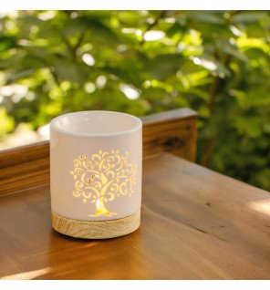  brûle-parfum en céramique blanche posé sur une étagère avec des livres et des objets déco