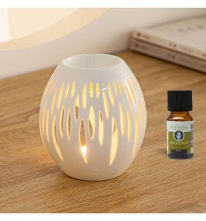  vue de profil du brûle-parfum ovale blanc avec sa coupelle supérieure